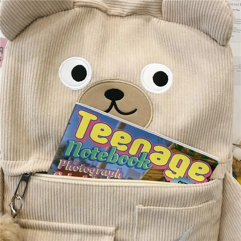 New Creative Cartoon Backpack Women Cute Bear Casual Backpacks Large Corduroy Embroidery Schoolbag For Teenage Student 2021 4