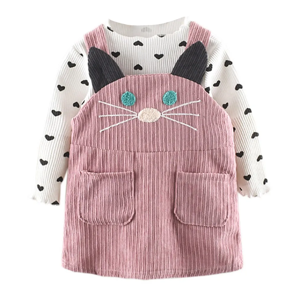 

SAGACE 2PCs cute cat Baby Girl Set Long Sleeve T Shirt + Suspender Dress Outfits Set Baby Girls Infantil Baby Girl Sets