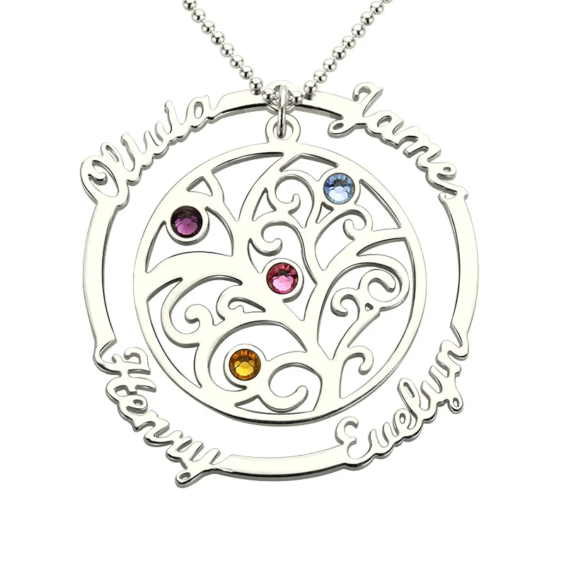 silver AILIN, семейное дерево, ожерелье с зодиакальным камнем, серебряное, с ручной печатью, ожерелье для матери, ожерелье с камнем рождения для мамы и дочери - Окраска металла: silver