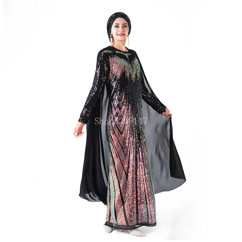 Рамадан с длинным рукавом абайя блестками вышитый плащ мусульманское Макси платье турецкое вечернее платье Elbise хиджаб Исламская одежда