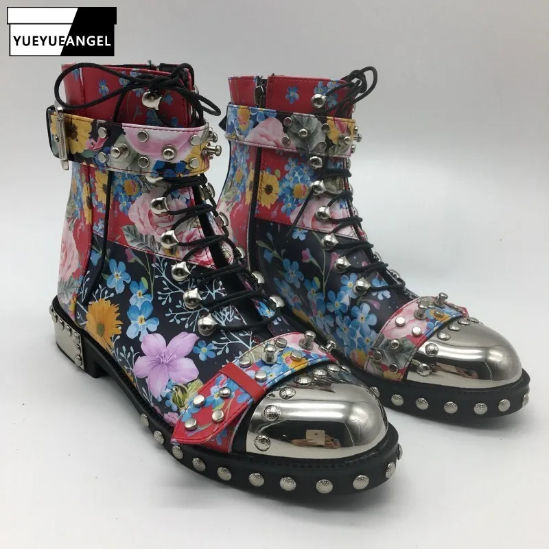 

Punk Rivet Metal Round Toe Floral Printed Womens High Top Boots Genuine Leather Lace Up Zip Buckle Female Flat Booties Plus Size