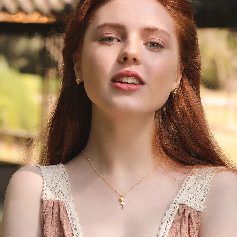 925 Sterling Silver Golden Rose Pendant Necklace For Women Classic Fashion Wedding Party Dress Jewelry Accessories Luxury Gift - Image 2