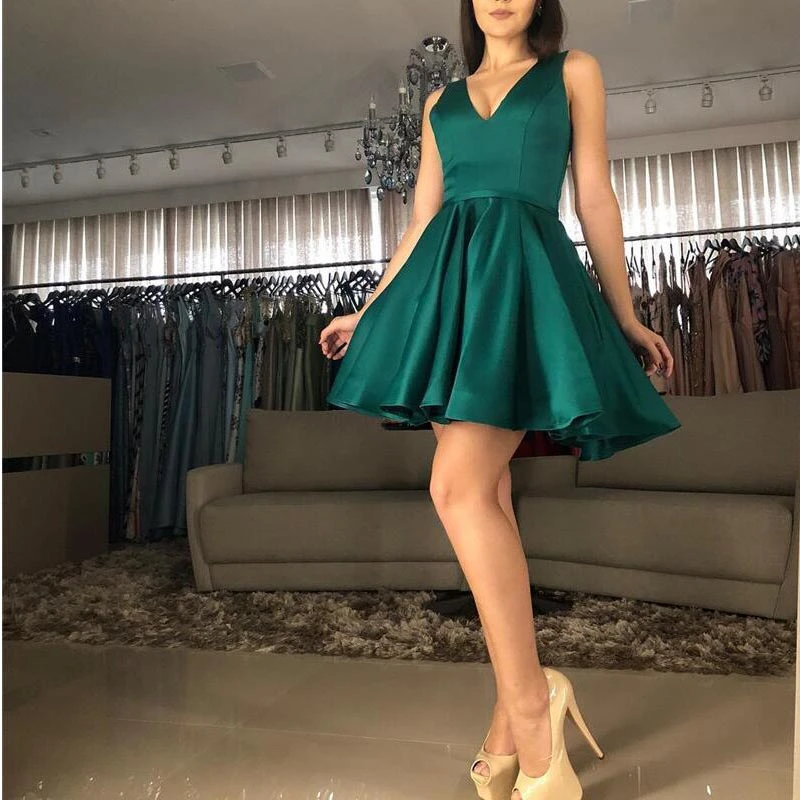 Minivestidos de cóctel de satén verde para vestidos cortos con en V, bonitos, elegantes, de graduación| - AliExpress