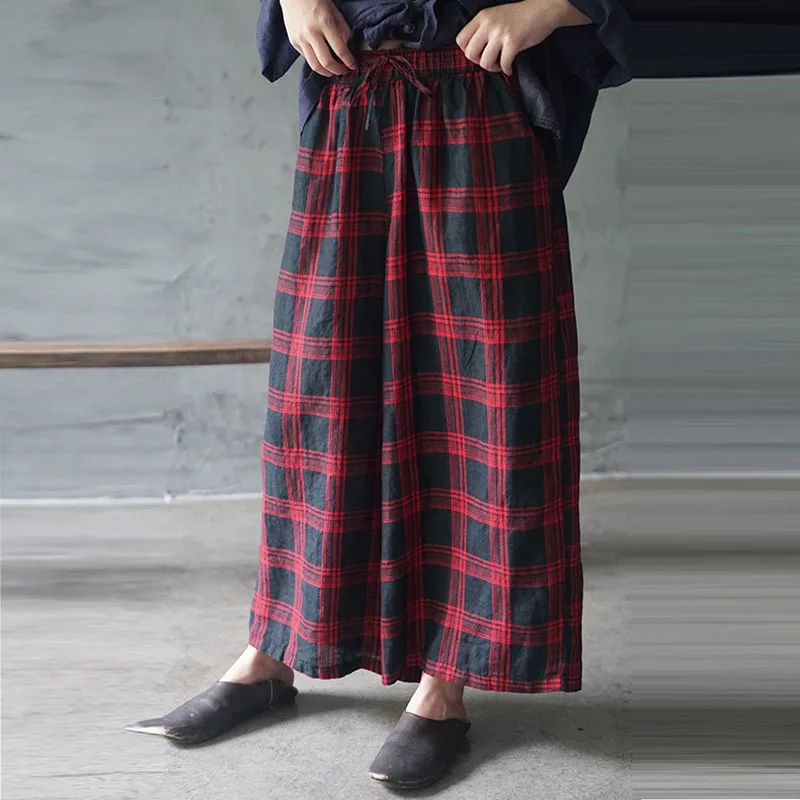 

Women Plaid Cotton Linen Elastic Mid Waist Straight Pants 2019 Autumn New Casual All-match 2 Color Women Leng Psants