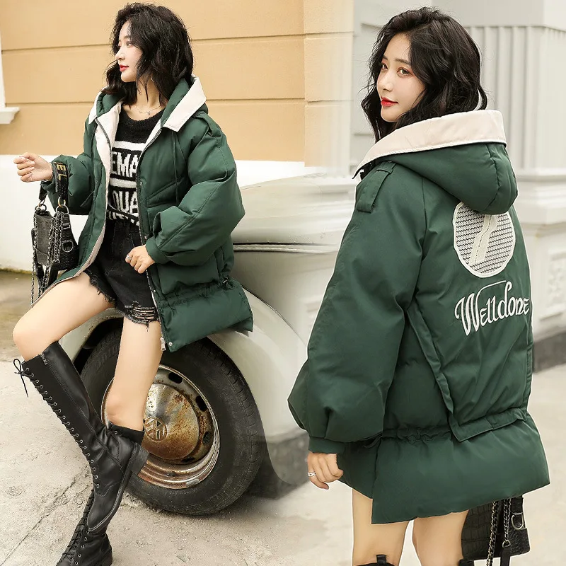 

2019 Winter New Style Korean-style Loose-Fit INS down Coat Mid-length Cotton-padded Clothes Women's Hooded Coat Embroidered Cott