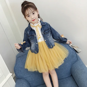 

Spring Autumn Kids Clothes Suits Lace Tulle Dress + Denim Jackets Bow-knot Boutique Jeans Two Pieces Princess Outerwear Dresses