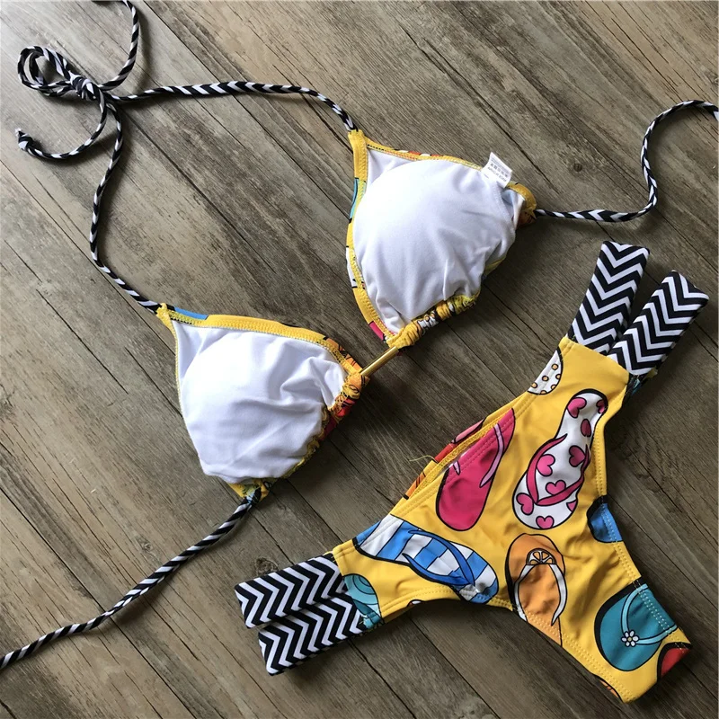 Бразильский купальник бикини с принтом, новая пляжная одежда на шнуровке, мини-купальник с завязками, сексуальный купальник с лямкой через шею для женщин, танга микро бикини