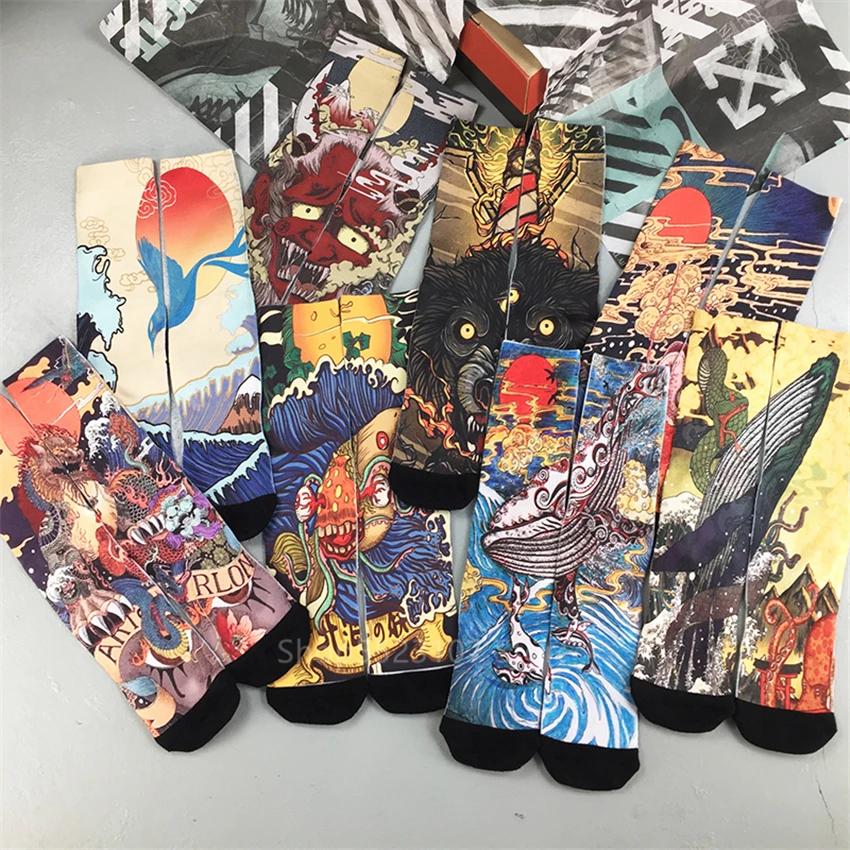 Модные мужские и женские ретро носки Ukiyo e 24 цвета с принтом китов волн модные