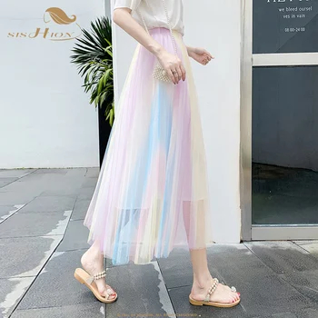 

SISHION Summer rainbow colorful mesh skirt high waist slim a line skirts female 2020 casual new women skirt SP1111