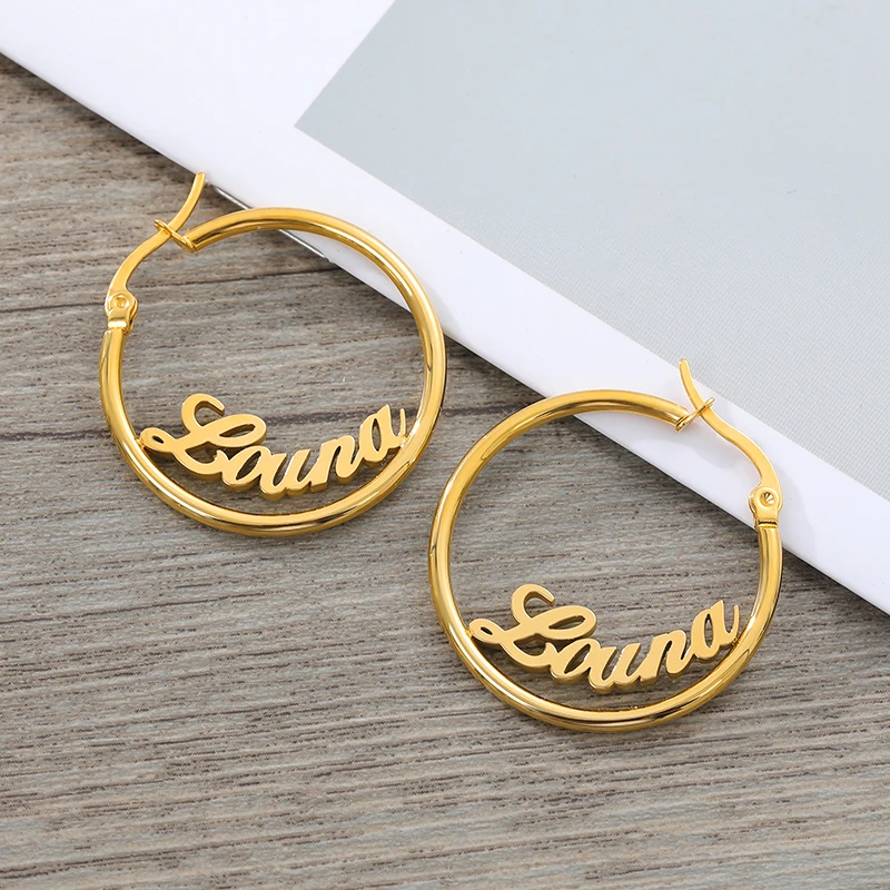 

Personalized Name Stainless Steel Letter Hoop Earrings For Women 3 Color Custom Name Cricle Earrings Weddings Party Sexy Jewelry