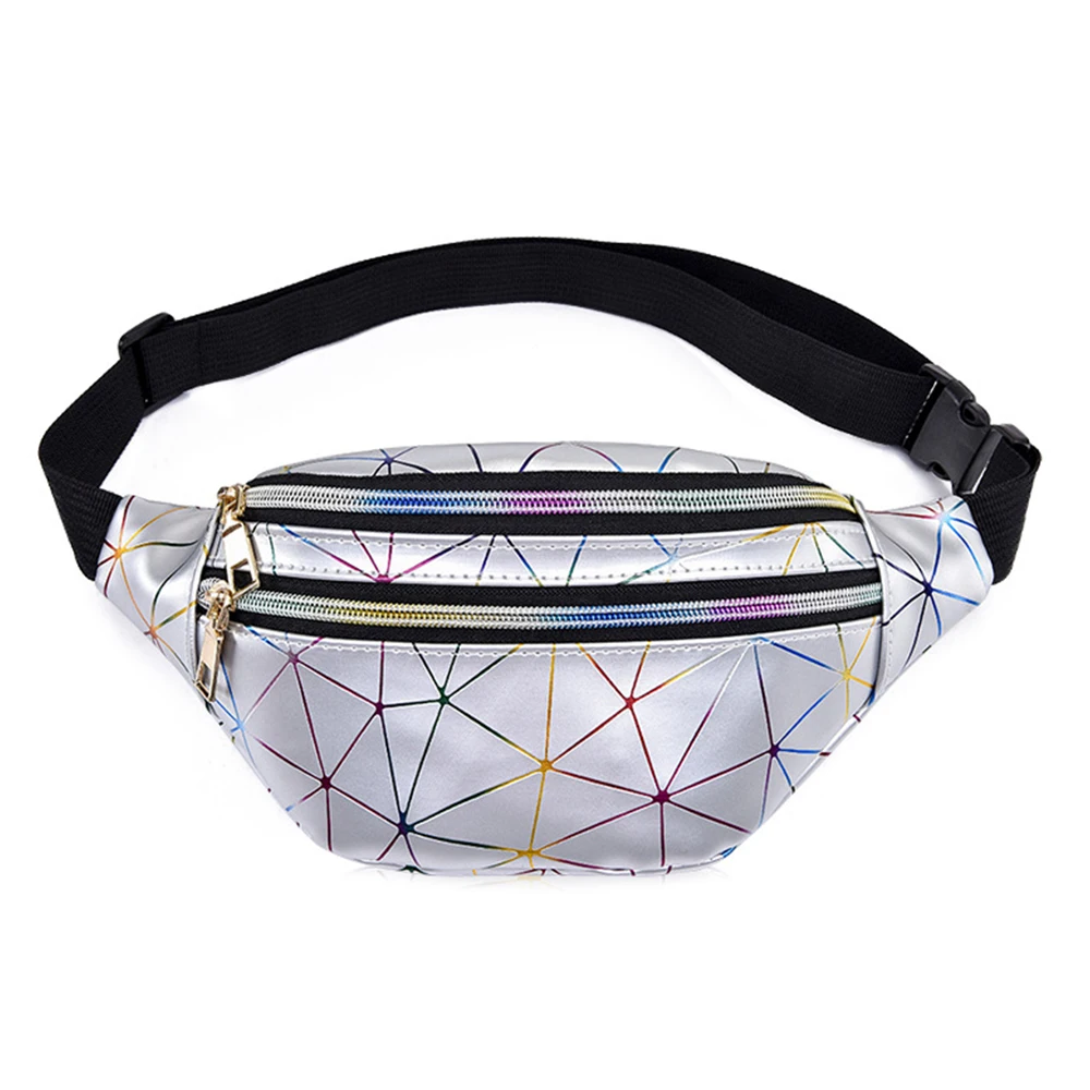 

Flashing Holographic Waist Bags Women Silver Fanny Pack Female Belt Bag Black Geometric Waist Packs Laser Chest Phone Pouch
