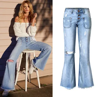 

Fashion Ripped High Waisted Wide Leg Jean Pants Slim Women Bleached Jeans Destroyed Hole Denim Pants Plus Size Women Clothing