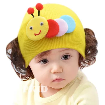 

0-3T Cute Baby Girls Hat with Wig Winter Toddler Infant Knitted Baby Girl Hat Fake Hair Cap Kids Hats Cute Cartoon Wig Warm Caps