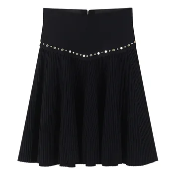

Runway Elegant High Waist Women Zippers Skirt Rivet Patchwork Summer Bottoms Female Skirts A-Line Ladies Midi Skirts Fashion
