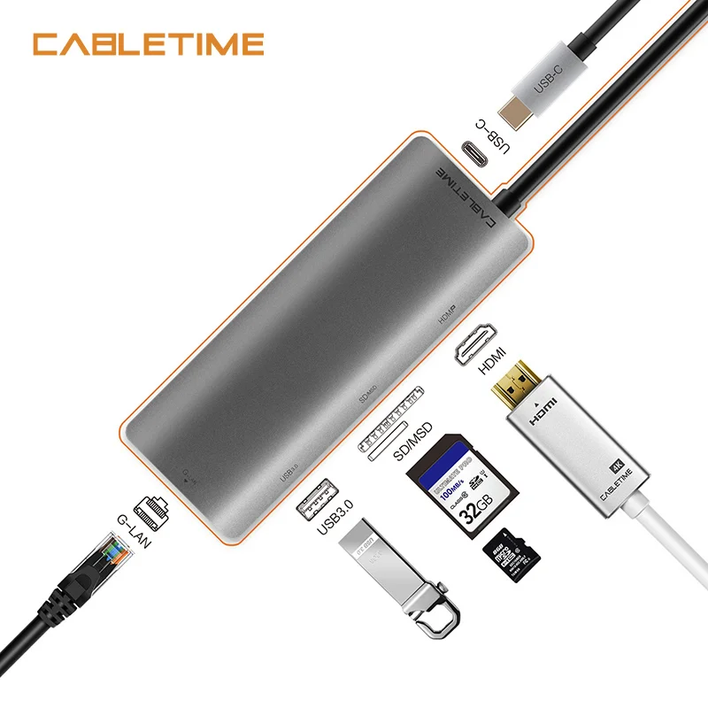 

Cabletime USB Type c to HDMI HUB Type C HUB USB HDMI 4K 30Hz RJ45 Network SD/TF Charging 6 in 1 USB Adapter for Galaxy S9 N131