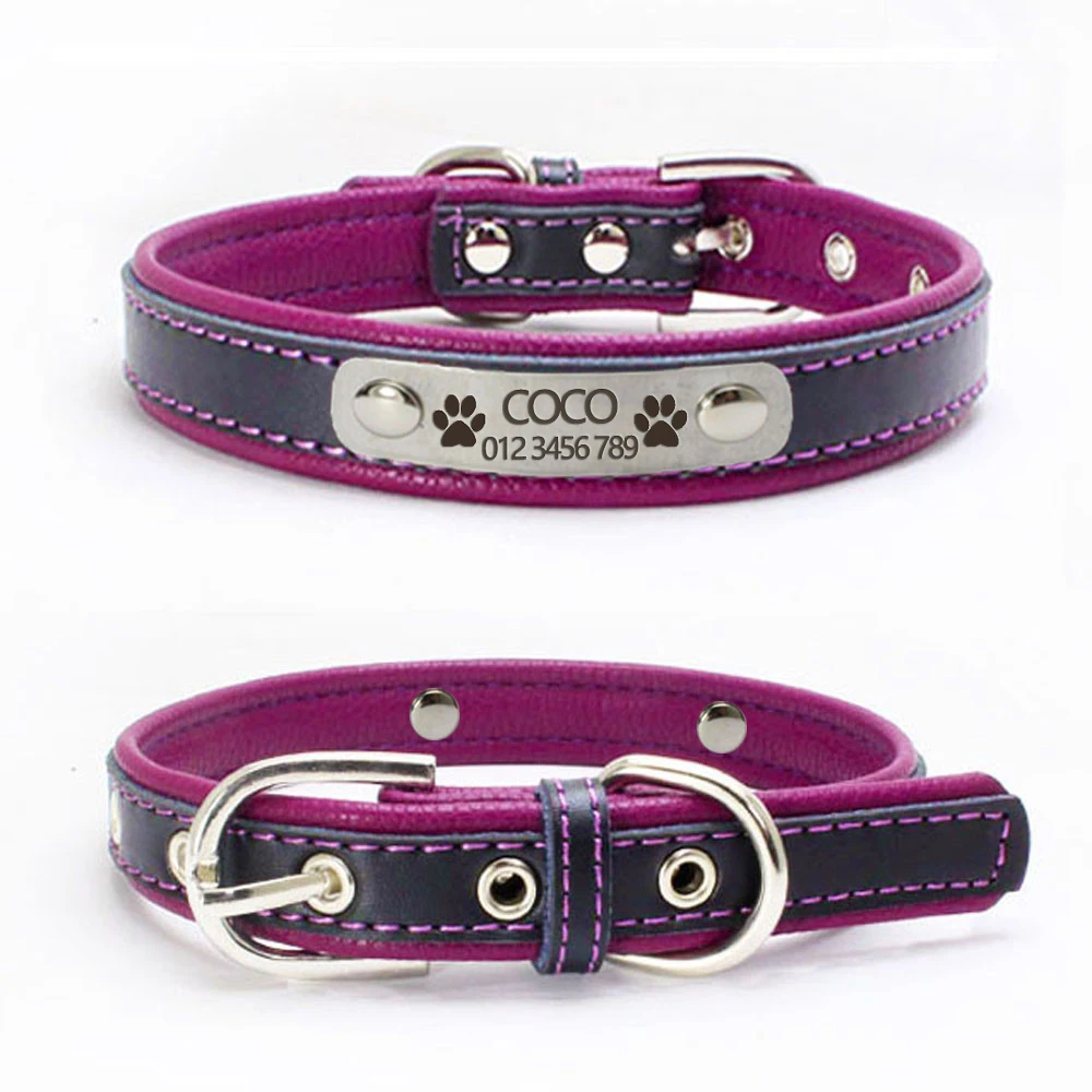 Personalized ID Tag Adjustable Dog Collar Free Engraving Custom Name Puppy Neck Buckle Strap Belt Cat Labrador Genuine Leather