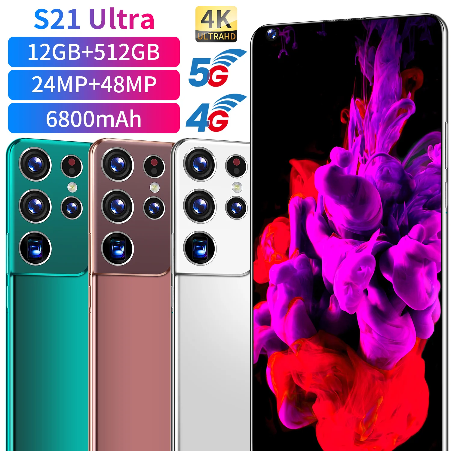 Teléfono Inteligente S21Utra versión Global, 2021 , 7,3 GB, 512 mAh, desbloqueado, 48MP, Android 10, teléfono móvil con doble SIM, Deca Core, novedad de 6800