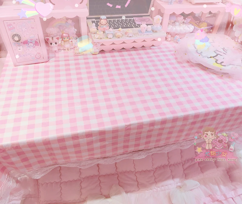  White Pink Grid Lace Tablecloth Cotton Rectangle Table Cloth Home Hotel Textile Decor 100*160cm