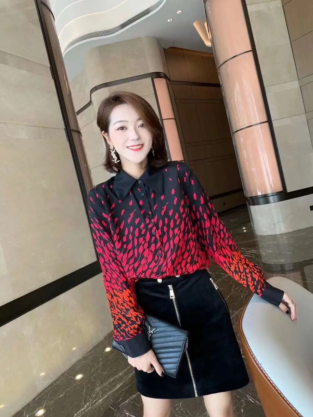 

womans ladies 2020 early spring new 100% silk long-sleeved blouse red and black shirt gradient print pattern
