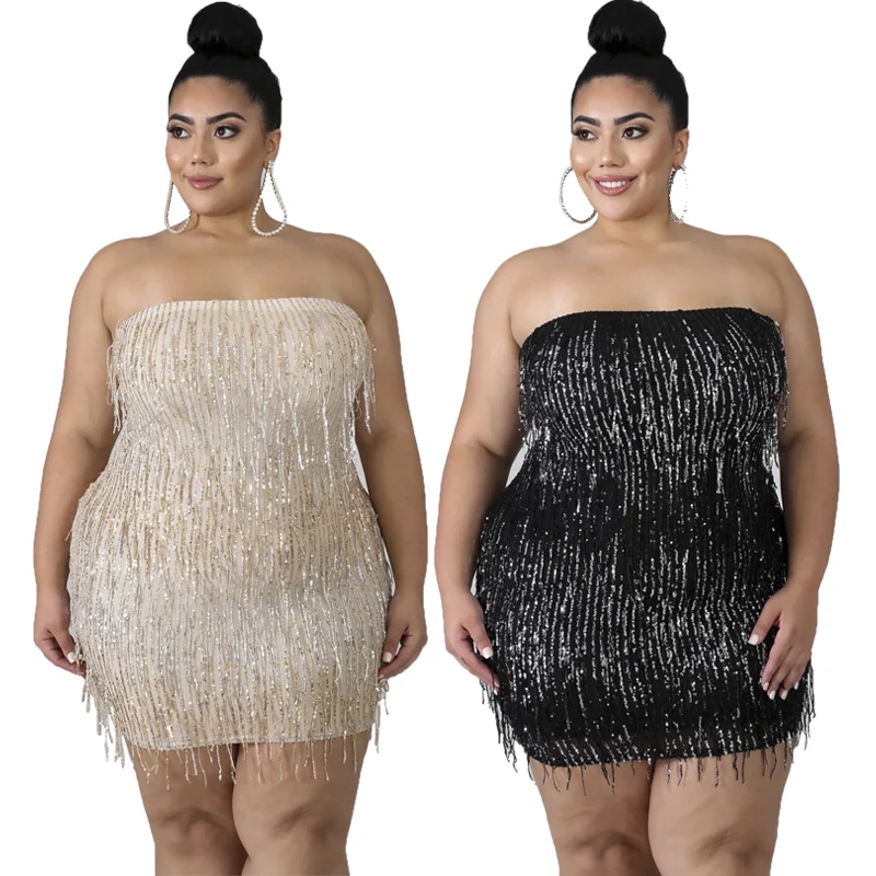 Xl-5XL Mini Dress Sequined Off The Shoulder  Robe Sexy Party & Clubwear Sleeveless Plus Size Women Party Out (2)