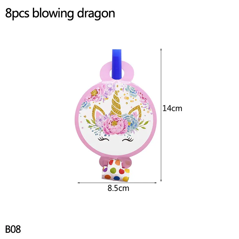 Свадебные украшения для детской вечеринки в честь Дня Рождения, вечерние баннеры с изображением единорога, скатерть, Одноразовые столовые принадлежности - Цвет: B08-8pcs blowing