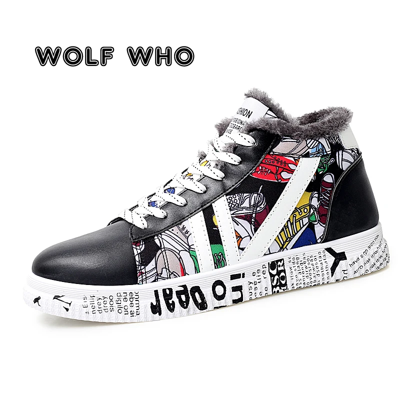

2019 Winter Fashion Graffiti High Top Male Sneakers Men Shoes With Fur Plush Warm Casual Shoe Comfortable Zapatillas Mujer X-179