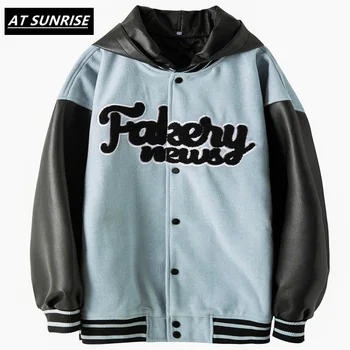 

2020 Hip Hop V-Neck Baseball Jacket Men Harajuku Mens cotton Jacket Windbreaker Casual Fashion Coat Streetwear Hat Detachable