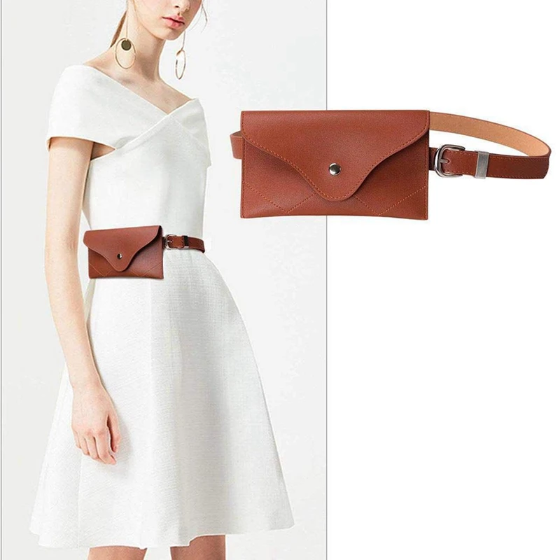 2Pcs Women Fanny Pack, PU Leather Fanny Pack with Removable Belt Waist Pouch Fashion Girls Belt Bum Fanny Bag Brown& Gold