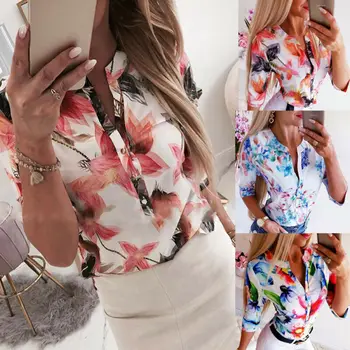 

Summer Women 3/4 Sleeve Floral Loose Blouses Tops Woman Female Shirt OL Ladies Casual Button Blouse Streetwear 2019 New Arrival