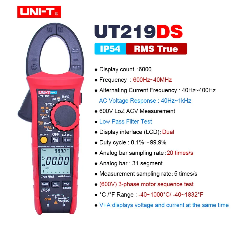 UT219DS Промышленные цифровые клещи UNI-T UT219E UT219M UT219DS; True RMS AC DC Напряжение Ток Ом диод тестер; IP54/LoZ ACV - Цвет: UT219DS