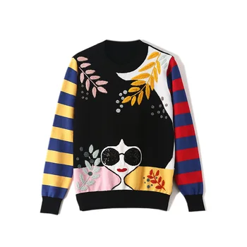 

Female Casual Autumn Winter Sweater Round Neck Stripe Pullover Embroidery Applique Long Sleeve Loose Harajuku Knitted Sweater