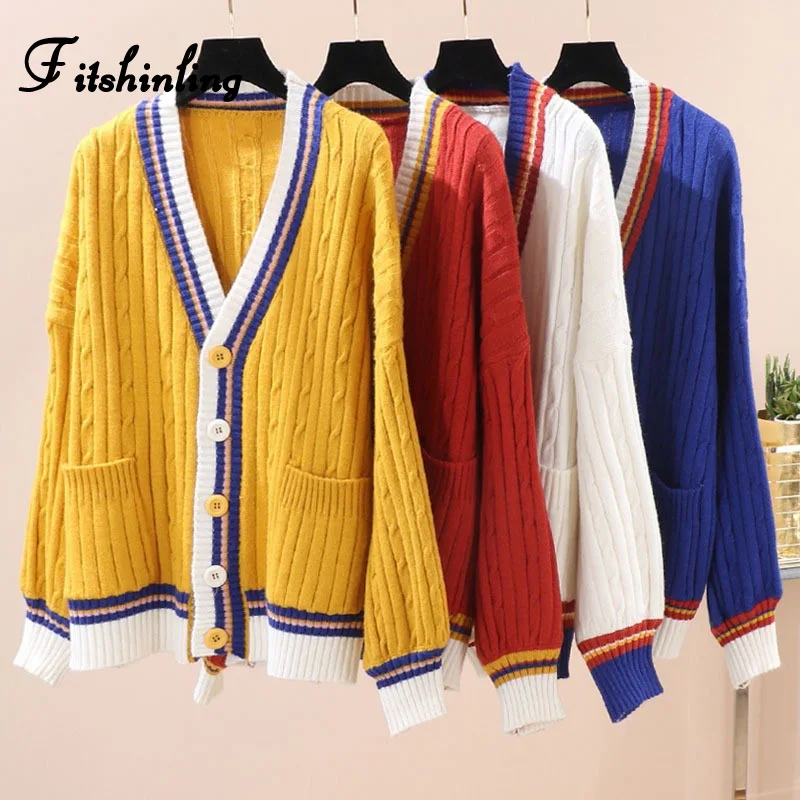 

Fitshinling College Buttons Pockets Cardigan Women's Knitted Jacket Striped Splice Winter Cardigans Women Clothing Twist Sweater