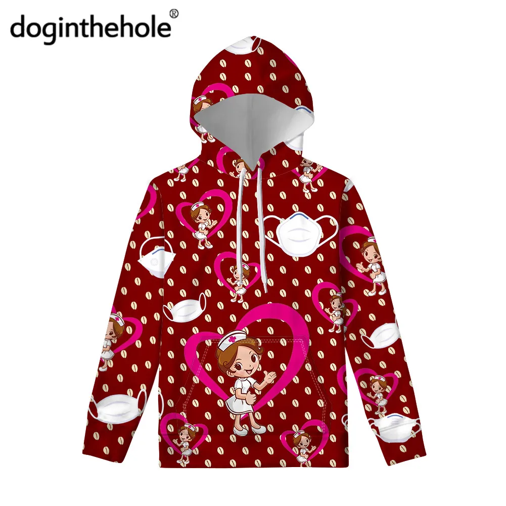 

doginthehole Love Heart Nurse Pattern Girls Casual Hoodies 2020 Autumn Women Pullover Shirt Nursing Design Outdoor Sweatshirt