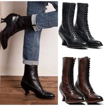 Новые Модные Классические прогулочные женские сапоги до середины икры для отдыха; однотонные ботинки из PU искусственной кожи на шнуровке; выразительные зимние женские сапоги на толстом каблуке; Botas Mujer