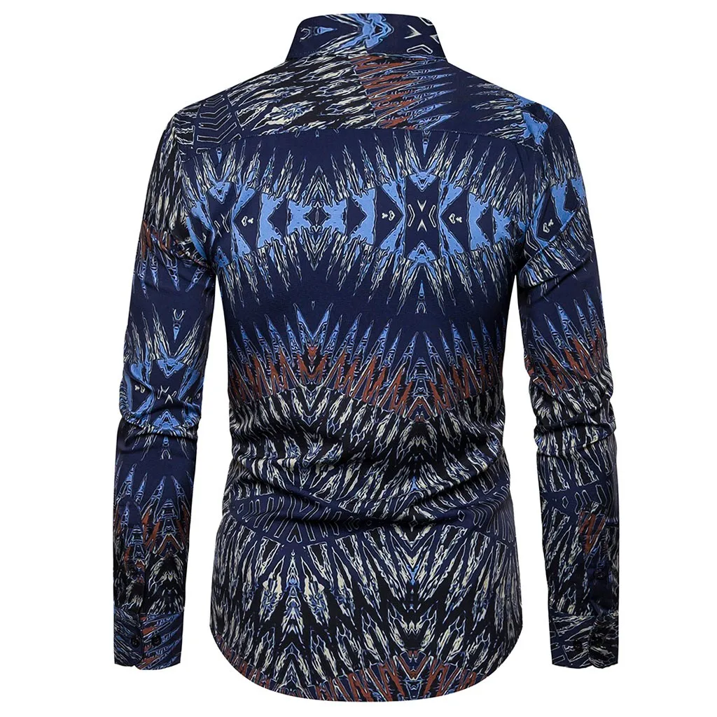 Feather Men Shirt Ethnic Style Retro Vintage Printed Shirts Slim Long Sleeves Camisas Hombre Blouse Cotton Polyester Streetwear