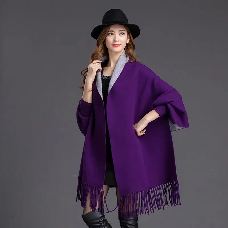 Благородная Женская однотонная накидка Bufandas платок элегантный бархатный шарф шали рукав летучая мышь теплое пальто Шарфы кисточки толстый глушитель палантин - Цвет: Purple