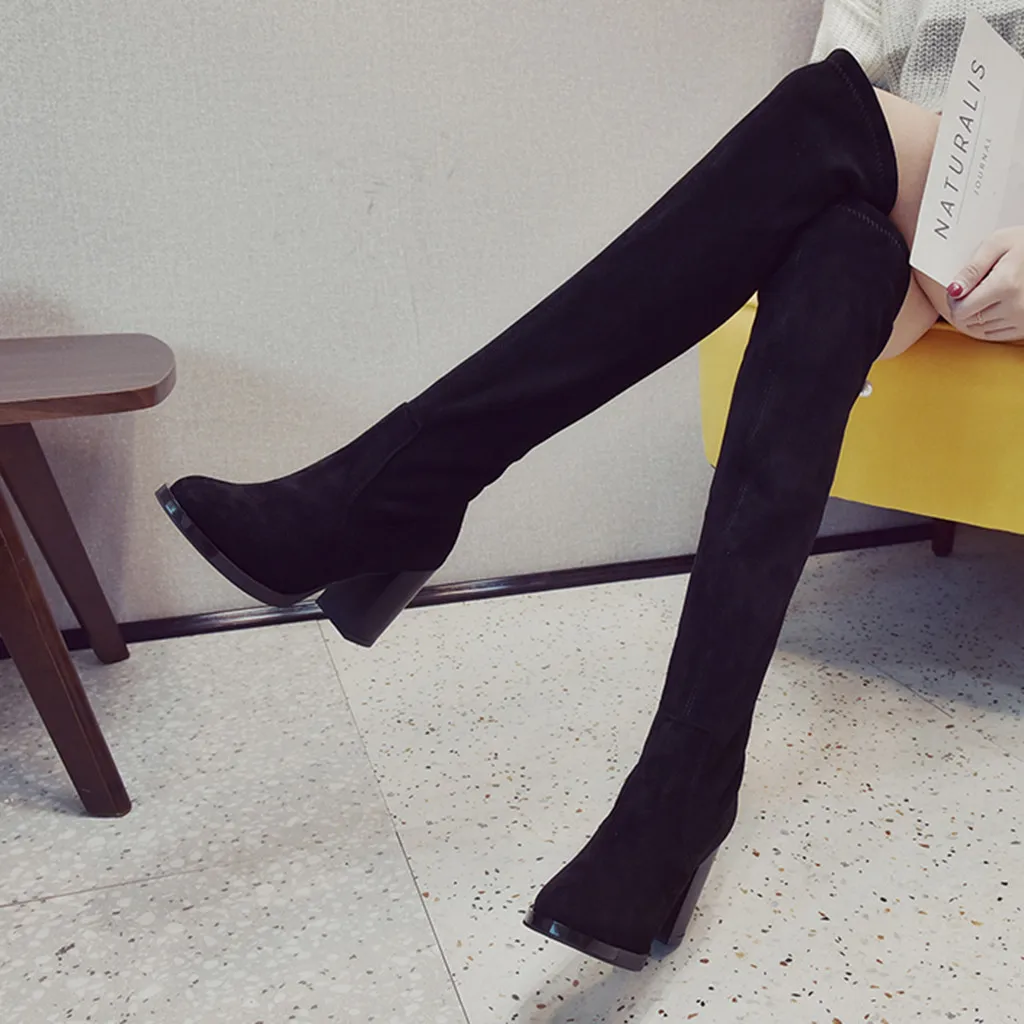 

Women's warm boots 2019 autumn and winter new pointed thick with side zipper over the knee boots elastic boots women's shoes