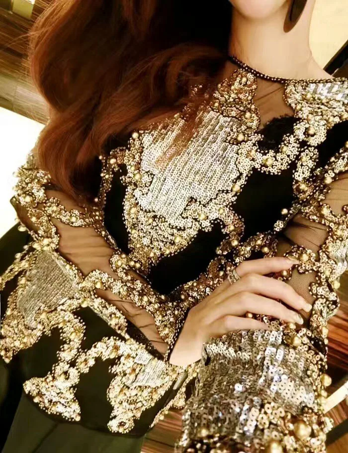 Для женщин Мода блестками Кружевная блуза с длинными рукавами перспектива футболка с вышивкой, с декоративной отделкой бисером босоножки на высоком каблуке Blingbling, верхняя одежда свободного размера плюс