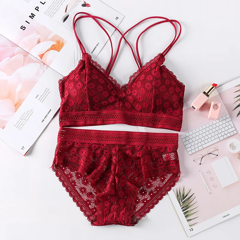 Women Lace Bra And Briefs Set Backless Bralette Solid Color Underwear Wireless Lace Bra Top Sexy Lingerie Set Female Intimates women lingerie set women underwear set sexy bra set