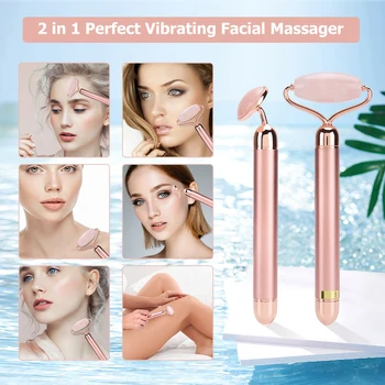 

Electric Vibrating 24K Gold Jade Roller Natural Rose Quartz Face Lifting Massager Real Genuine Jade Stone Facial Roller Massage