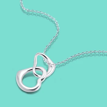 

Sweet Female 925 Silver Necklace Double Heart Pendant Design Solid Silver Interlocking Chain 46CM Length Charm Jewelry ожерелье