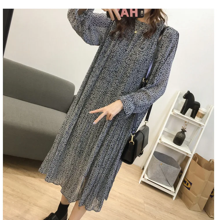 Loose-Fit Stand Collar Floral-Print Chiffon Long-sleeved Dress Autumn And Winter Women's Large Size Slimming Medium-length A- li