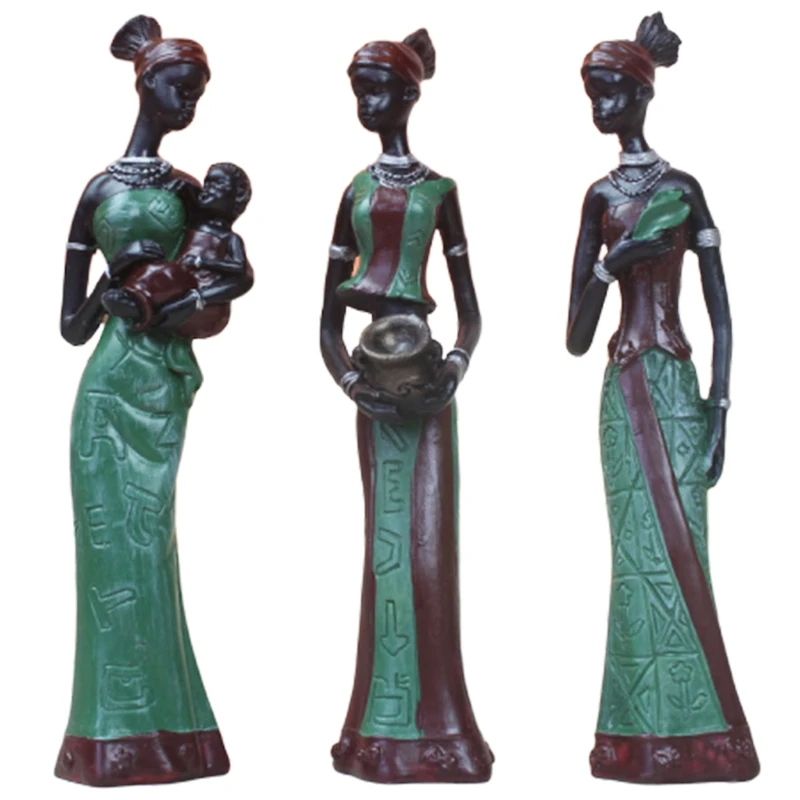 

3Pcs/Set African Dolls Resin Exotic Lady Figurines Furnishing Crafts Gifts Living Room Art Home Office Decoration Accessories-Gr