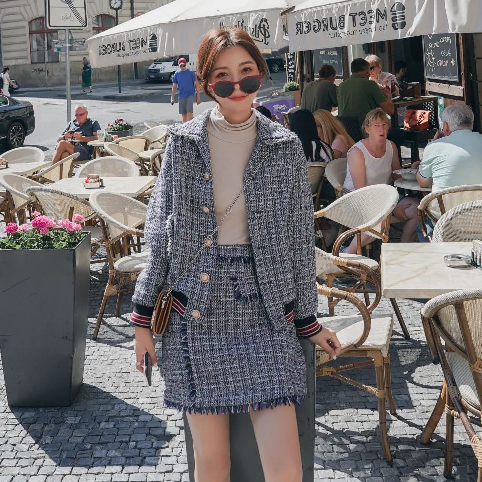 

Photo Shoot Main Push Graceful Pattern Tweed Tassels Fold-down Collar Pearl Clasp Cropped Jacket A- line Skirt WOMEN'S Suit