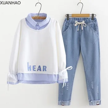 

XUANHAO Women Sets Clothing Letter Embroidery Sweatshirt and Rabbit Embroidery Denim Pants 2020 Women Casual Two Piece Set Girls