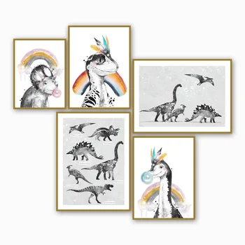 

Rainbow Feather Baby Dinosaur Graph Wall Art Canvas Painting Nordic Posters And Prints Wall Pictures For Kids Room Bedroom Decor