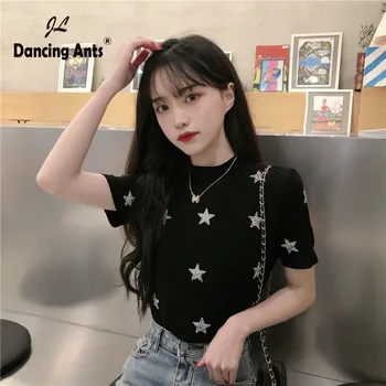 

Woman T-shirt Short Sleeve O-neck Slim Short Tees Korean Style Office Lady Diamonds Patchwork Pullover Female Tops 2020 Summer