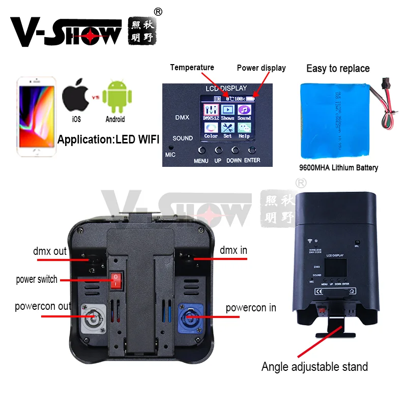 V-show 4pcs With Bag Battery Wireless DMX Wifi Remote Led Wedding Uplight 6x18w RGBWAUV 6in1 LED Par DJ Sound Party lights