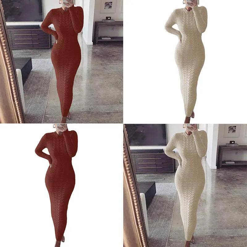 

Winter Turtleneck Sweater Maxi Dress Solid Color Simple Female Knitwear Comfortable Women Lace Up Knitted Long Dress