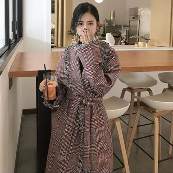 

Winter Autumn Women New V-Neck Open Stitch Sashes Tassel Plaid Wool Coats Female Loose Casual Comfortable Tweed Coats ZX1523